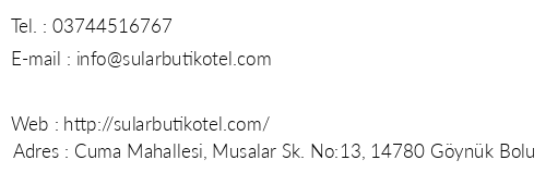 Sular Butik Otel telefon numaralar, faks, e-mail, posta adresi ve iletiim bilgileri